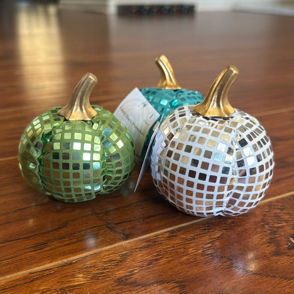 NWT Set of 3 Fabric Disco Pumpkins 2.5” x 3” Silver Green Blue Halloween Decor